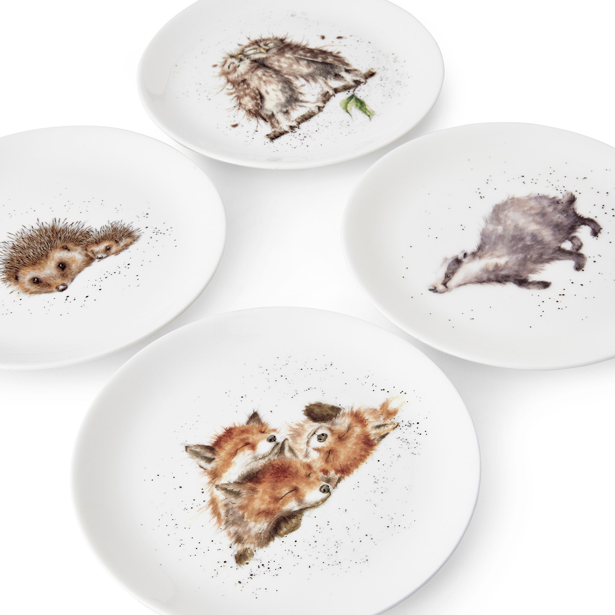 Wrendale Designs Coupe Plates S/4 Assorted. Badger, Hedgehog, Fox, Owl image number null